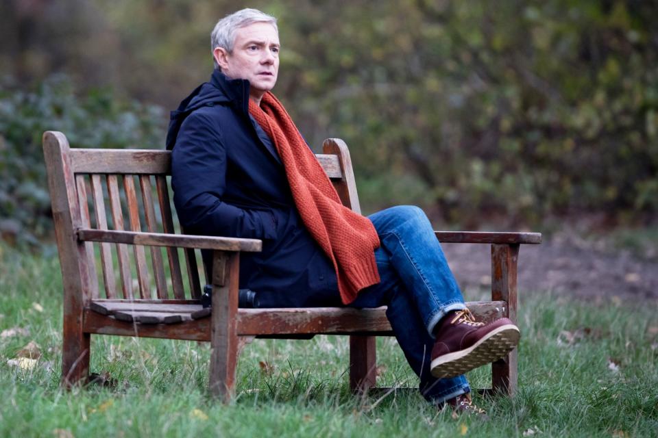 <p>Martin Freeman films season 2 of <em>Breeders </em>in a park in London on Monday. </p>