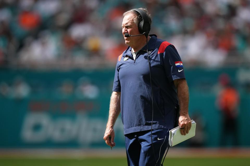 Oct 29, 2023; Miami Gardens, Florida, USA; New England Patriots head coach Bill Belichick walks on the field during the first half against the Miami Dolphins at Hard Rock Stadium. Mandatory Credit: Jasen Vinlove-USA TODAY Sports