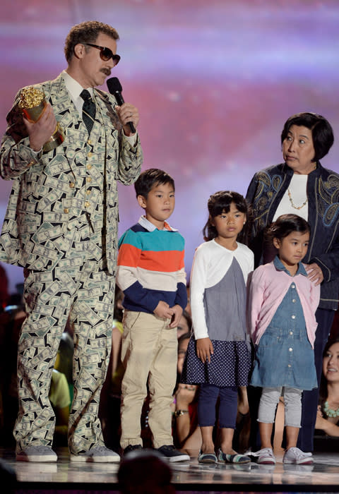 Will Ferrell takes to the stage with his 'family' to accept his COMEDIC GENIUS award saying "for those of you here tonight who don't think I'm funny, I will be happy to fight you in the parking lot after the show."