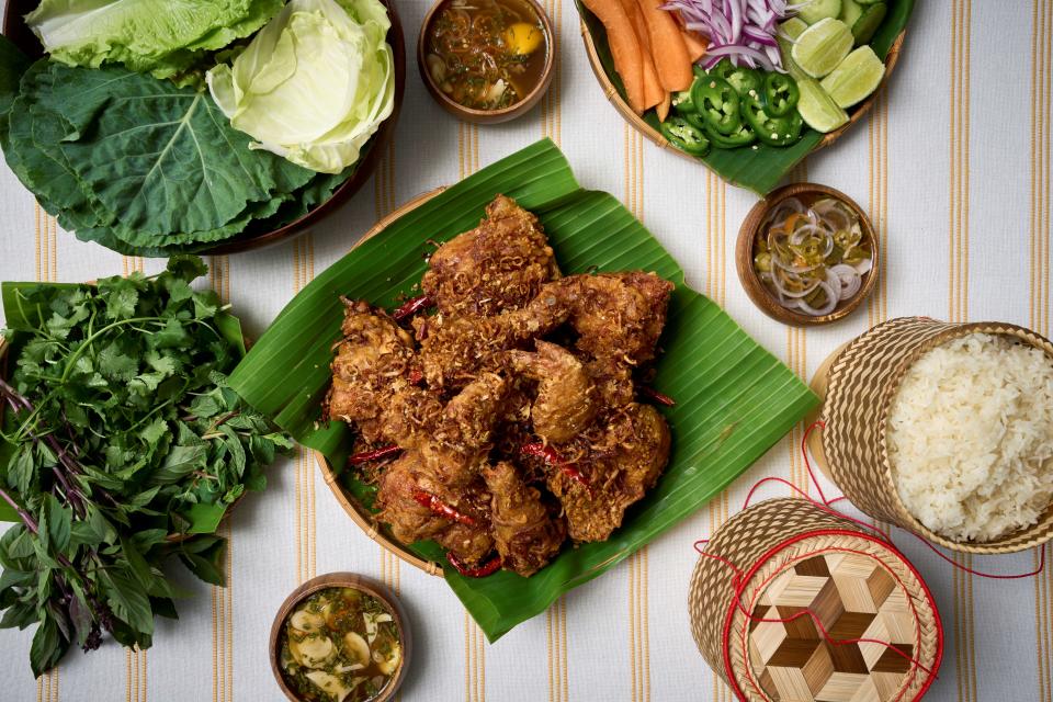 A fried chicken spread at SS Gai.