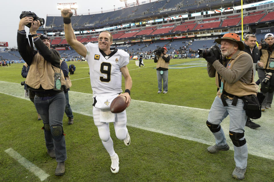 New Orleans Saints quarterback Drew Brees leaves the field after the Saints beat the Tennessee Titans in an NFL football game Sunday, Dec. 22, 2019, in Nashville, Tenn. The Saints won 38-28. (AP Photo/Mark Zaleski)