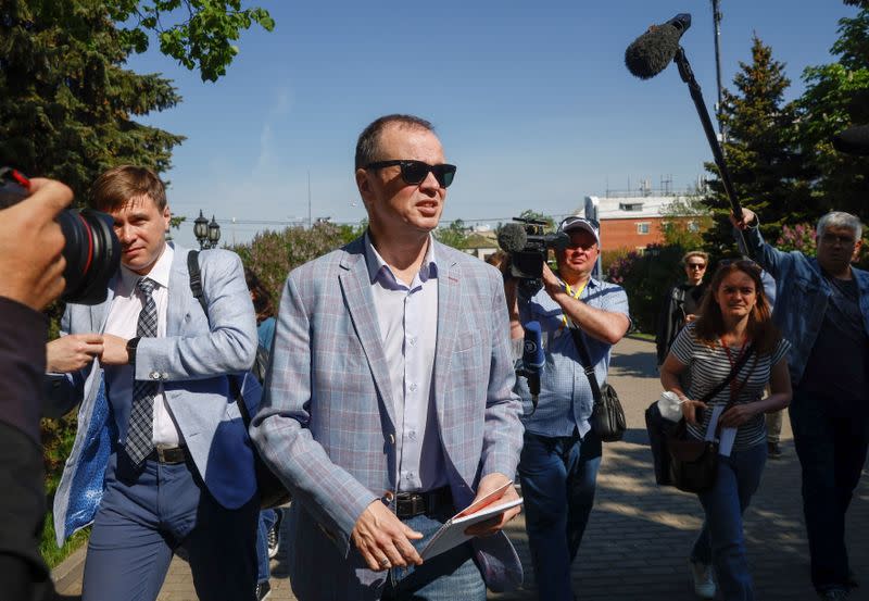 Ivan Pavlov, a lawyer defending Anti-Corruption Foundation in an extremism case, arrives at a court building in Moscow