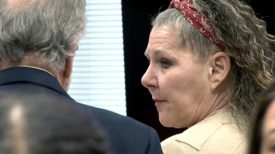 Sherry Lee Heffernan looks to her attorney Steven Altman during her trial before Superior Court Judge Kimarie Rahill in Toms River Thursday, February 22, 2024. She is charged with the Surf City murders of her father John Enders and his girlfriend Francoise Pitoy.