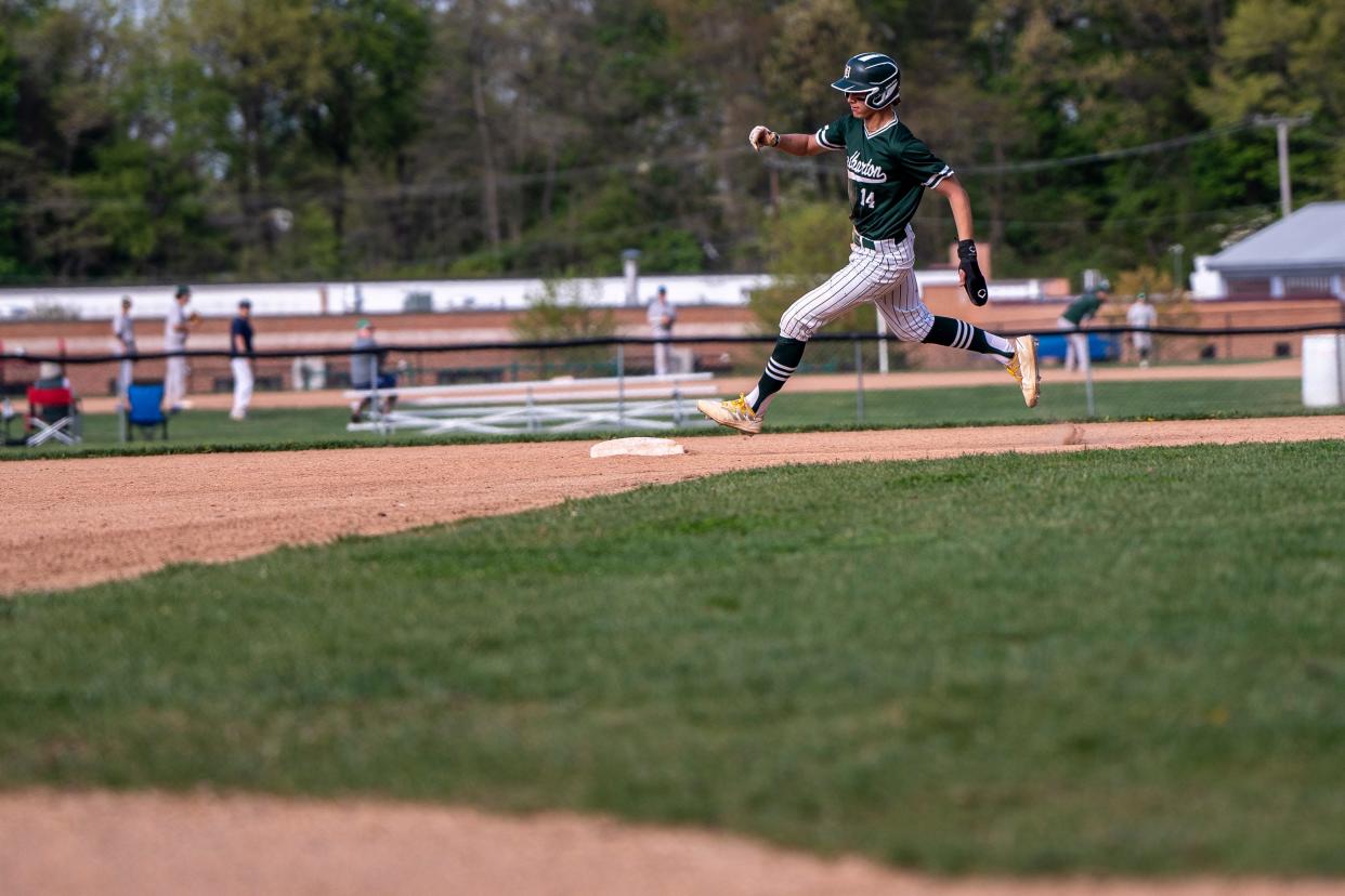 D #14 Sal Garcia makes it to second. Chatham varsity baseball hosts Delbarton in an NJAC-American contest on Friday, April 21, 2023. 