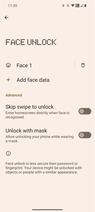 Nothing OS 2.0 face unlock menu