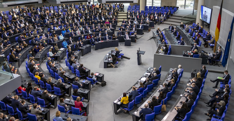 BERLIN, GERMANY - MARCH 17: Ukrainian President Volodymyr Zelensky addresses the German Bundestag via live video from the embattled city of Kyiv on March 17, 2022 in Berlin, Germany. Zelensky has been pleading NATO member states to enforce a no-fly zone over Ukraine, which NATO has so far declined, citing the need to avoid a direct military confrontation with Russia. (Photo by Hannibal Hanschke/Getty Images)