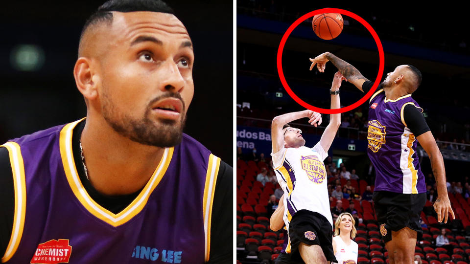 Nick Kyrgios handed NSW premier Dominic Perrottet a brutal rejection during the Sydney Kings' celebrity game last weekend. Pictures: Getty Images