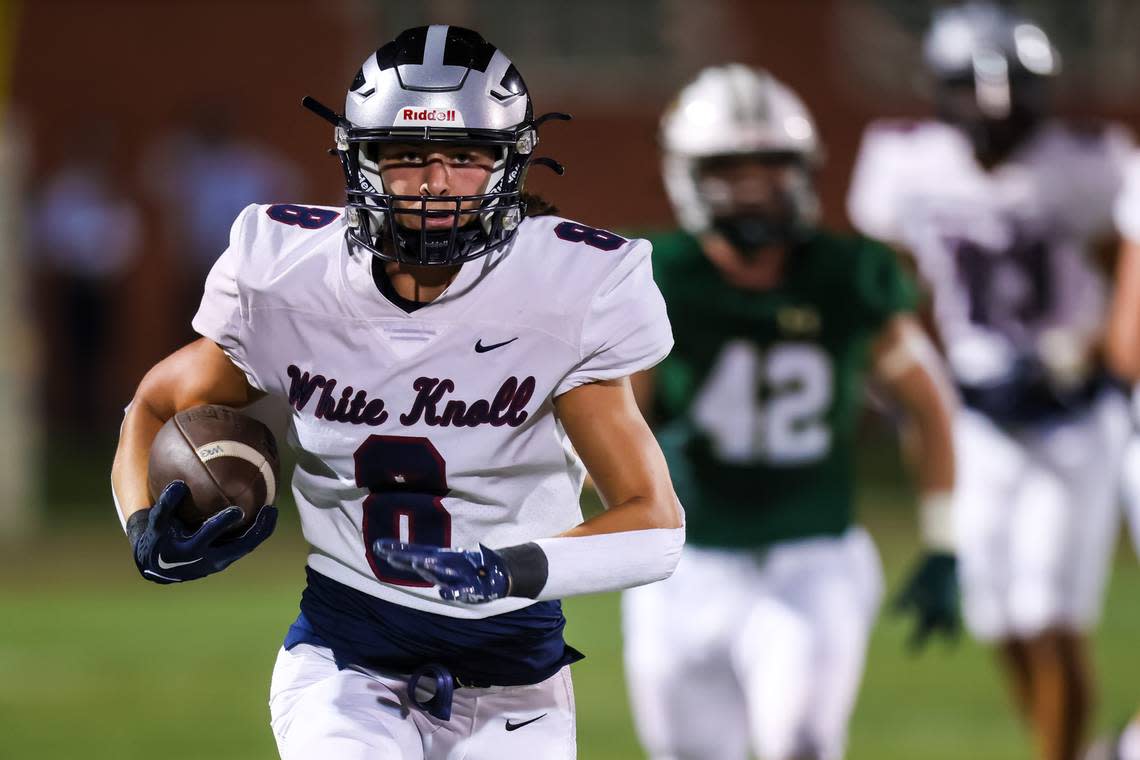 White Knoll Timberwolves wide receiver Austin Cunningham (8) makes a large gain against the River Bluff Gators during their game at River Bluff High School Friday night, Sept. 29, 2023. Jeff Blake/Jeff Blake Photo