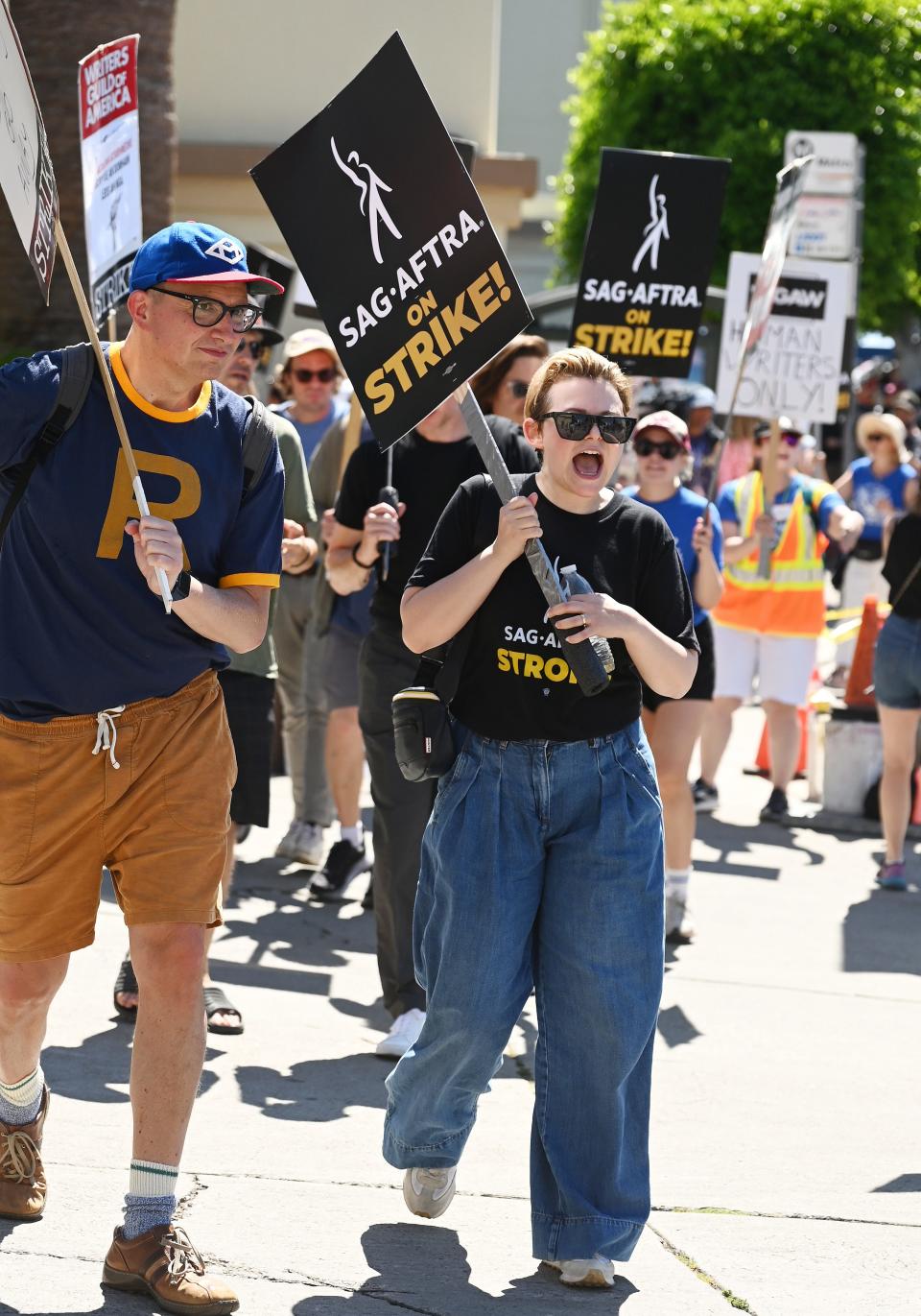 Ginnifer Goodwin joins SAG-AFTRA and WGA Members and Supporters as they walk the picket line in support of the SAG-AFTRA and WGA strike at the Paramount Pictures Studio on July 14, 2023 in Los Angeles, California.