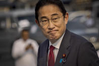 Japan's Prime Minister Fumio Kishida boards the BRP Teresa Magbanua ship at the Philippine Coast Guard headquarters on Saturday Nov. 4, 2023 in Manila, Philippines. (Ezra Acayan/Pool Photo via AP)