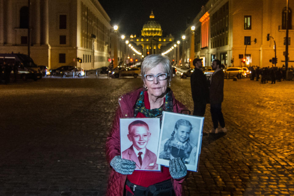 Mary Dispenza, an organizer with the Survivors Network of Those Abused by Priests, poses for a portrait at a vigil in Vatican City on Feb. 21, 2019. (Photo: Simone Padovani/Awakening via Getty Images)