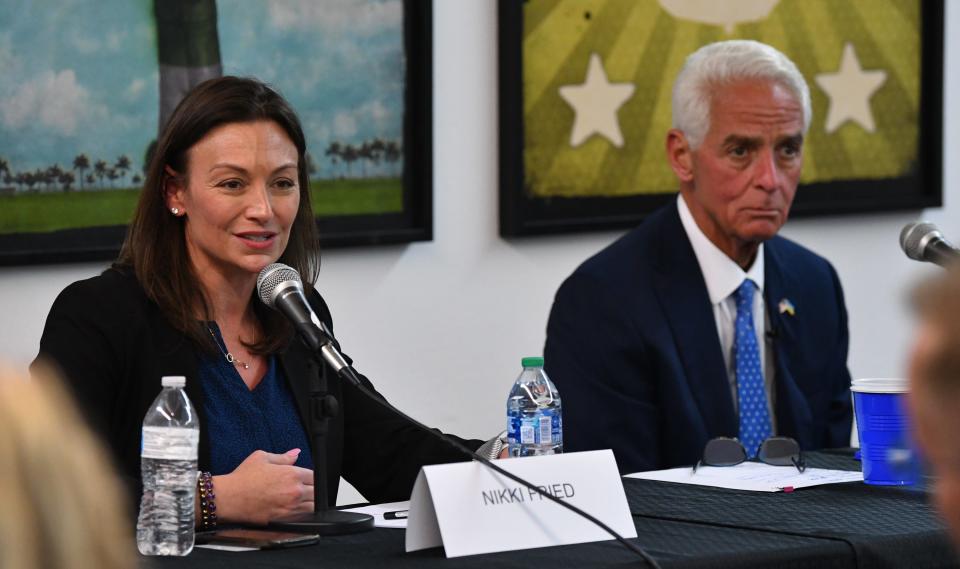 Democratic gubernatorial candidates Nikki Fried and Charlie Crist attend a debate at The Box Gallery in West Palm Beach. The event united the LGBTQ communities of Broward and Palm Beach Counties for the gubernatorial forum during Pride Month on Wednesday, June 15, 2022 in West Palm Beach.