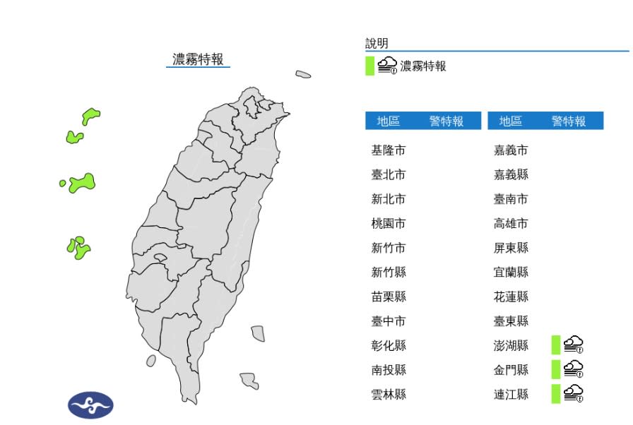 澎湖、金門、馬祖濃霧特報，能見度不足200公尺。   圖/中央氣象署