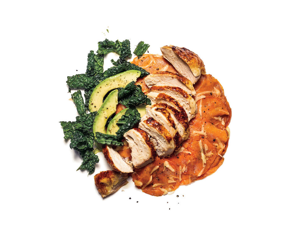 Chicken breast, kale, avocado, and sweet potato provide lean protein, leafy greens, healthy fat, and complex carbs.<p>Travis Rathbone</p>