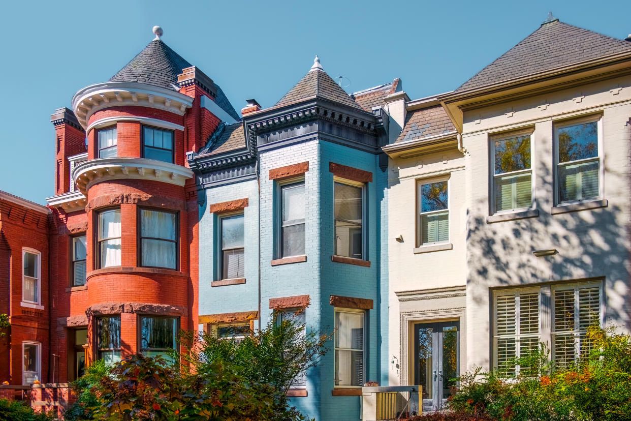 Close-up of a row of townhouses in Capitol Hill neighborhood of Washington, D.C.