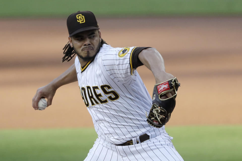 San Diego Padres starting pitcher Dinelson Lamet works against a Los Angeles Dodgers batter during the first inning of a baseball game Tuesday, Aug. 4, 2020, in San Diego. (AP Photo/Gregory Bull)