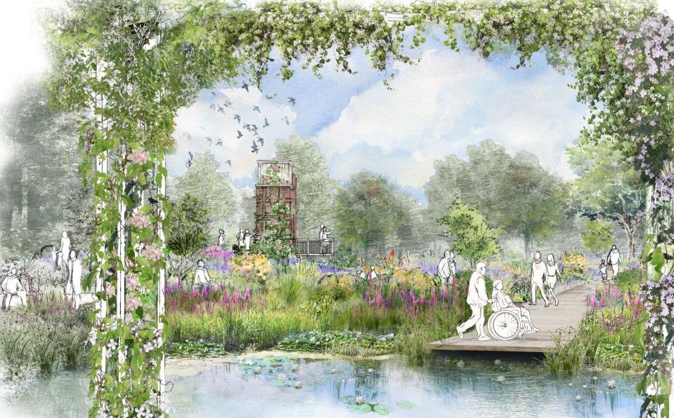 View of the pergola, pond and flower garden in proposed memorial garden to Queen Elizabeth II