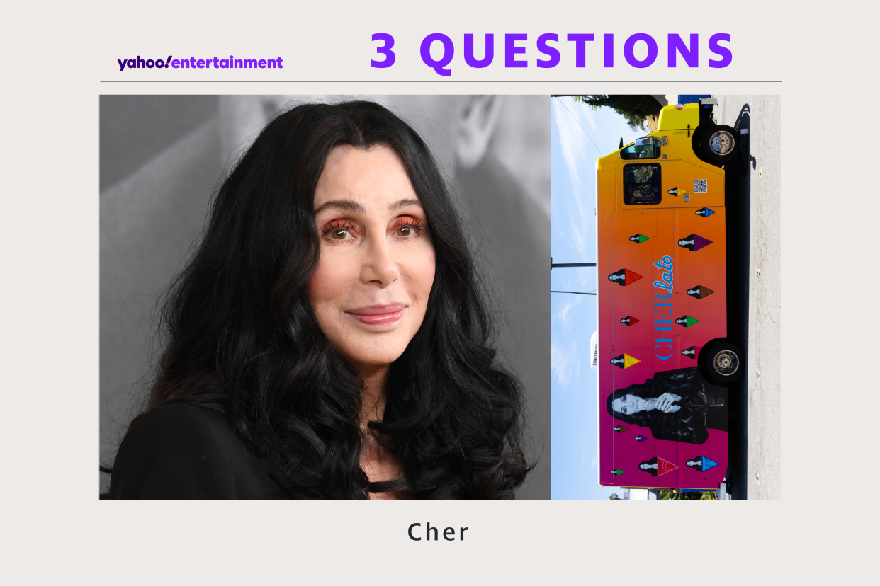 Cher talks gelato and music. (Photo illustration: Yahoo News; photos: Getty Images, Courtesy of Cherlato)






