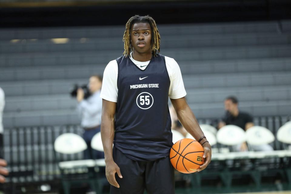 Michigan State Spartans forward Coen Carr on the court during practice Tuesday, Oct. 3 2023.