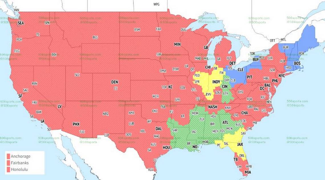 This map shows the noon games on CBS (the Giants-Ravens game is in red), and the entire nation will see the Chiefs-Bills contest.