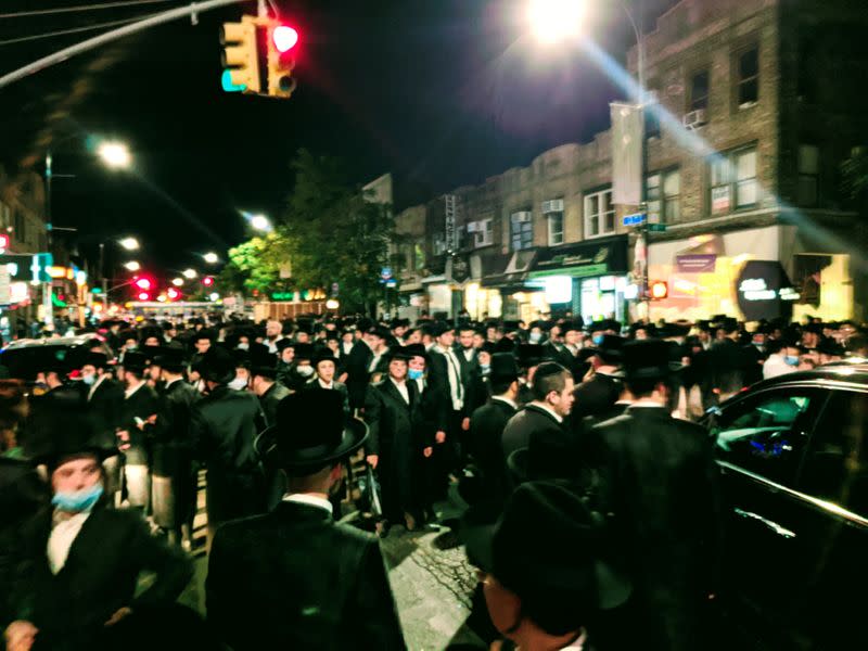 Orthodox Jews take part in a demonstration in Brooklyn, in New York City