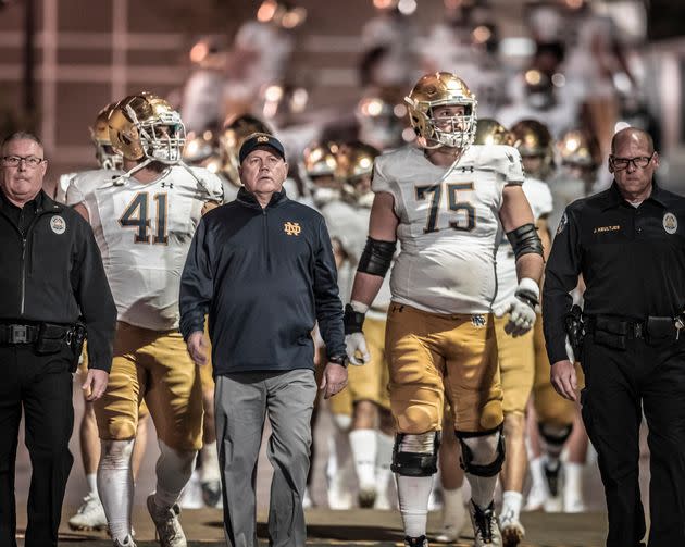 Coach Brian Kelly of the Notre Dame Fighting Irish football team leads his team into the stadium before the second half of an NCAA football game against the Stanford Cardinal on November 27, 2021 at Stanford Stadium.  (Photo: David Madison via Getty Images)