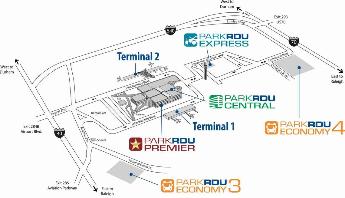 Raleigh-Durham International Airport parking garages and lots (note, the Park RDU Express lot has not reopened since the COVID-19 pandemic).