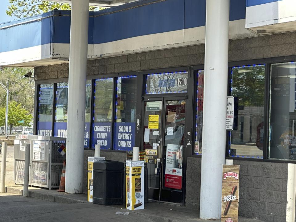 A gas station remains closed less than a week after a fatal shooting in Detroit, Michigan, Wednesday, May 10, 2023. Authorities in Detroit say a man fatally shot another customer inside a gas station and wounded two more in a dispute over a small purchase. (AP Photo/Ed White)