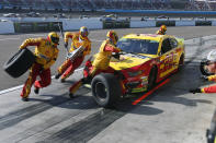 Joey Logano makes a pit stop during the NASCAR Cup Series auto race Sunday, Nov. 10, 2019, in Avondale, Ariz. (AP Photo/Ralph Freso)