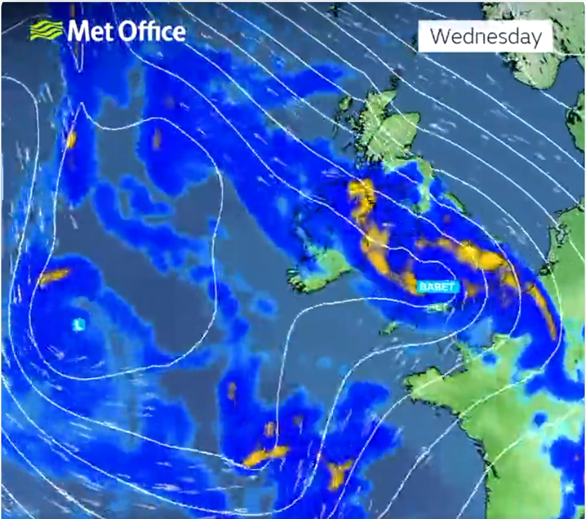 Babet will arrive in the South West and move upwards bringing blustery winds and heavy rain across the UK (The Met Office)