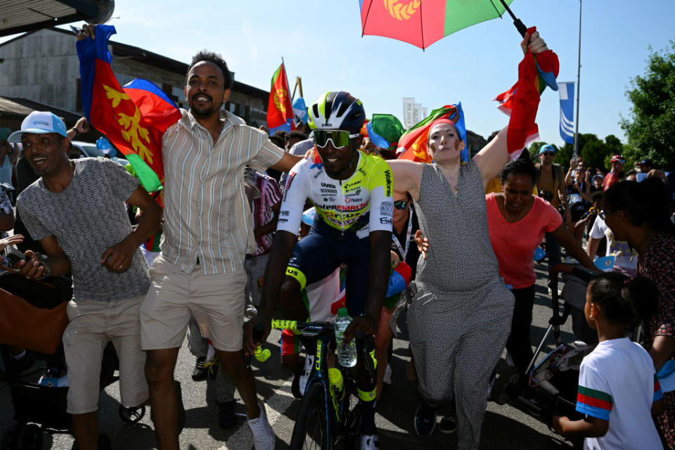 NOTTWIL SWITZERLAND  JUNE 12 EDITORS NOTE Alternate crop Stage winner Biniam Girmay of Eritrea and Team IntermarchCircusWanty reacts after the 86th Tour de Suisse 2023 Stage 2 a 1737km stage from Beromnster to Nottwil  UCIWT  on June 12 2023 in Nottwil Switzerland Photo by Dario BelingheriGetty Images