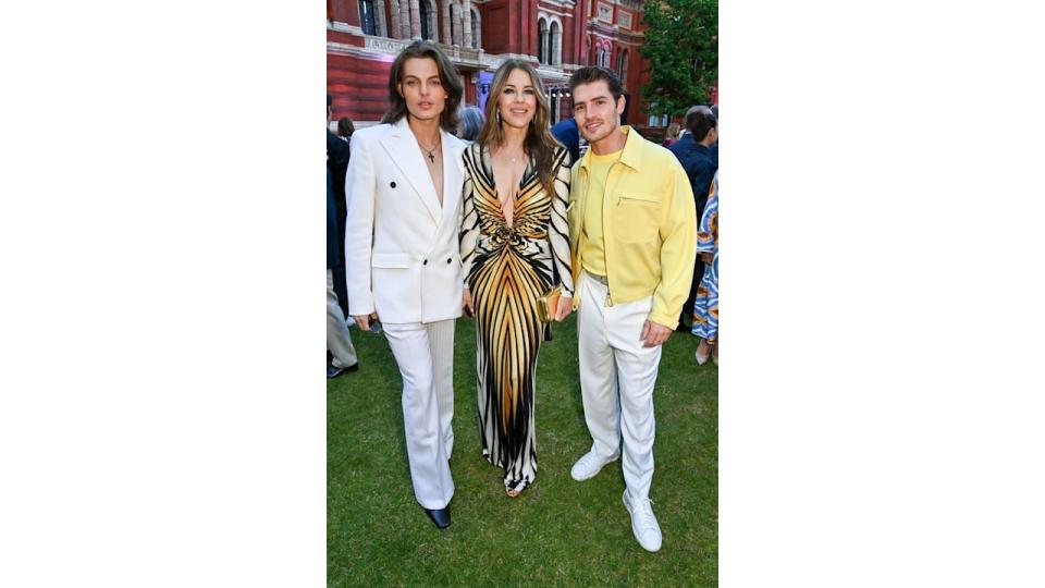 Damian and Elizabeth Hurley in a field alongside Gregg Sulkin in a yellow and white outfit