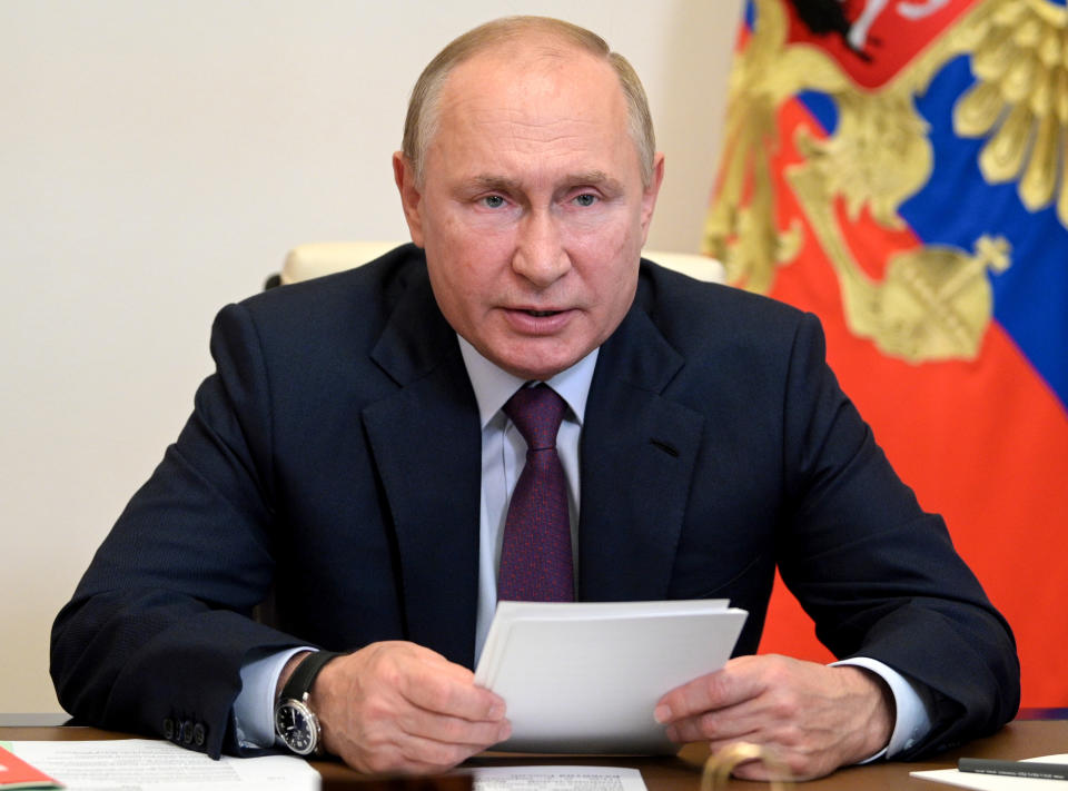 Russian President Vladimir Putin chairs a Security Council meeting via video conference at the Novo-Ogaryovo residence outside Moscow, Russia, Monday, Sept. 27, 2021. (Alexei Druzhinin, Sputnik, Kremlin Pool Photo via AP)