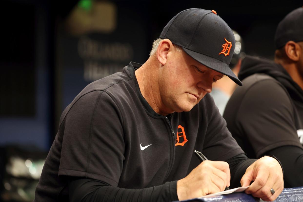 Tigers manager A.J. Hinch against the Rays during the first inning on Monday, April 22, 2024, in St. Petersburg, Florida.