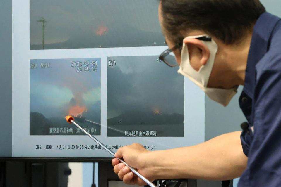 The chief of the Japan meteorological agency volcano monitoring division, explains the eruption of Sakurajima during a press conference in Tokyo on July 24, 2022.