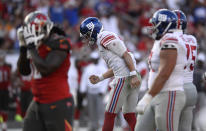 New York Giants quarterback Daniel Jones (8) pumps his fist after a play against the Tampa Bay Buccaneers during the second half of an NFL football game Sunday, Sept. 22, 2019, in Tampa, Fla. (AP Photo/Jason Behnken)