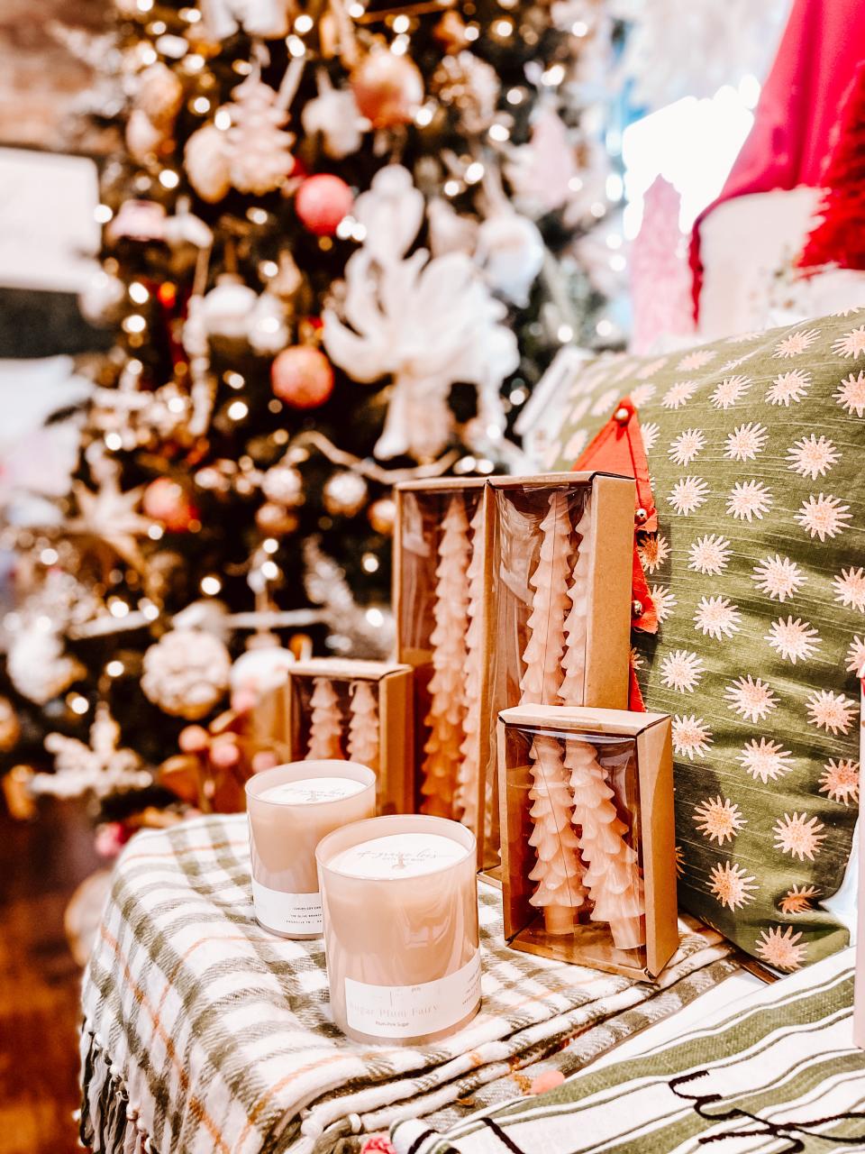 Gracie Lee’s Gifts & More hand tapered Christmas candles in blush, green or off-white.