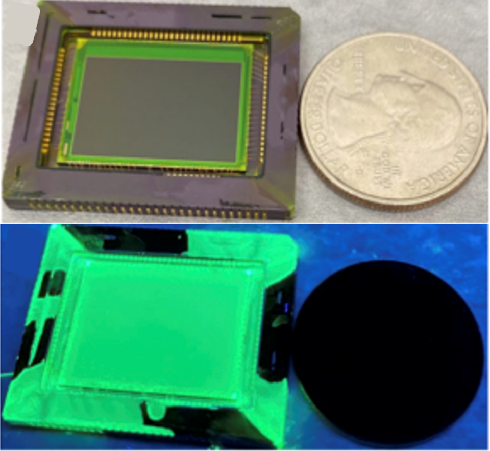 分辨癌細胞生物標記物濃度差
UV影像感應器與美國25分硬幣在白光下的比較（上圖）和在紫外線照射下的比較（下圖），其綠色外觀是由於PNC層螢光的緣故。