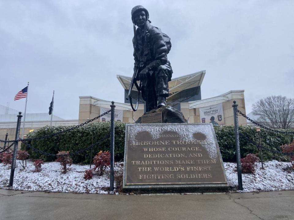 Light snow fell on the Iron Mike statue at the Airborne & Special Operations Museum in Fayetteville on Jan. 29, 2022.