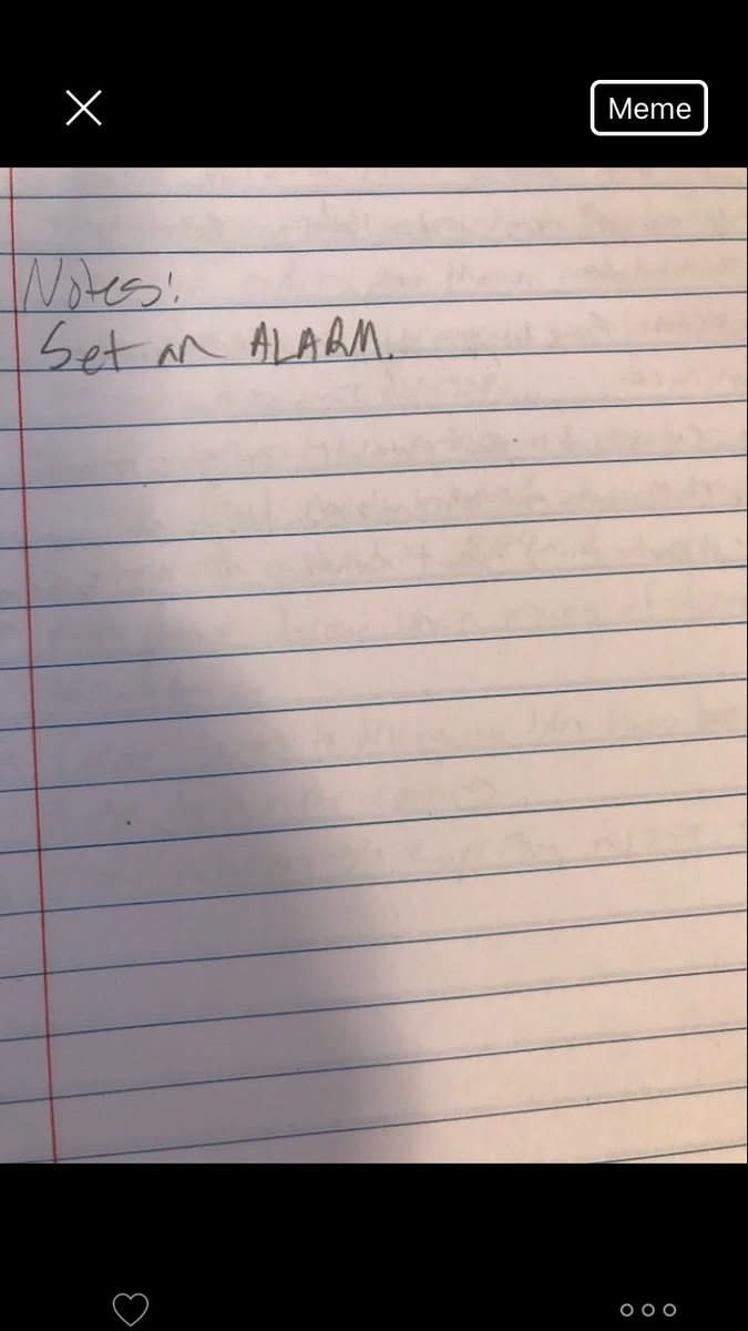 A response from one of the students that is a photo of a piece of note paper with writing that reads "notes: set an alarm"