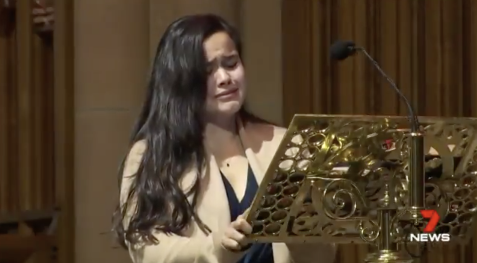 Jess Loh speaks at the funeral of NSW Police Constable Aaron Vidal, 28, at Sydney's St Mary's Cathedral.