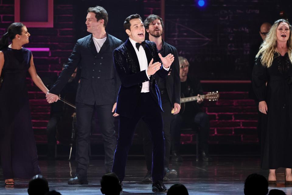 Lea Michele, Jonathan Groff, Skylar Astin, and John Gallagher Jr. perform with the original cast of "Spring Awakening" onstage at the 75th Annual Tony Awards at Radio City Music Hall on June 12, 2022 in New York City