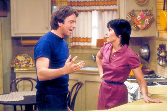 <p>Dennis Plehn/Disney General Entertainment Content via Getty</p> (L) John Ritter and Joyce DeWitt on 'Three's Company'