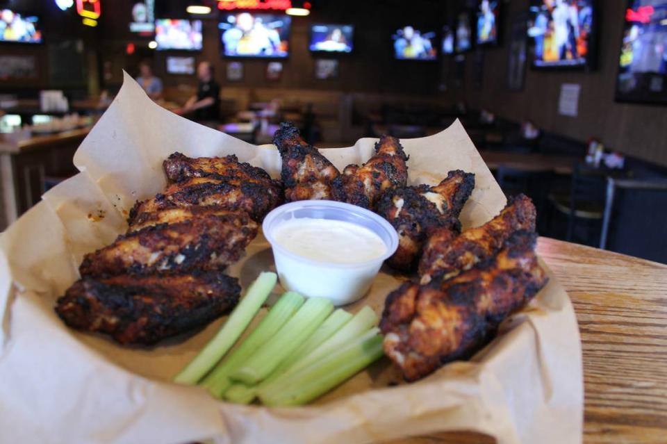 The Brooksider’s dry rubbed wings come with celery and a choice of ranch or bleu cheese.