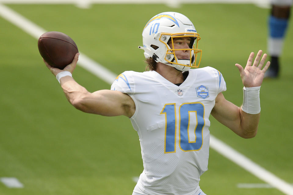 Los Angeles Chargers quarterback Justin Herbert throws against the Kansas City Chiefs during the first half of an NFL football game Sunday, Sept. 20, 2020, in Inglewood, Calif. (AP Photo/Kyusung Gong)