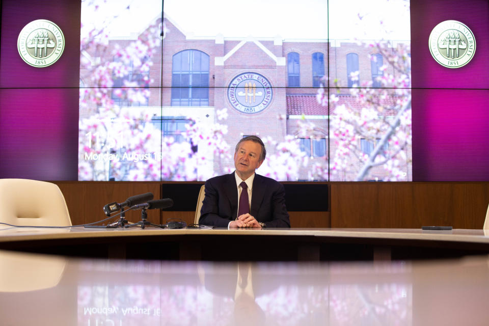 Florida State University President Richard McCullough meets with local reporters during his first day on the job at FSU's Westcott Building Monday, August 16, 2021. 