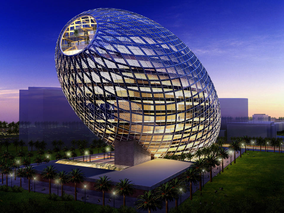 The form of the Cybertecture Egg is extruded from a sphere and evolved to create a unique and iconic building.