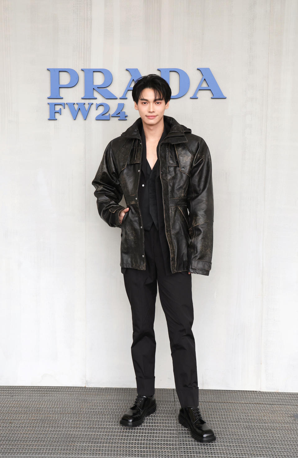 Metawin, Win Metawin, Prada fashion show, house ambassador, prada men's 2024 fall, Prada front row, Metawin leather jacket, 