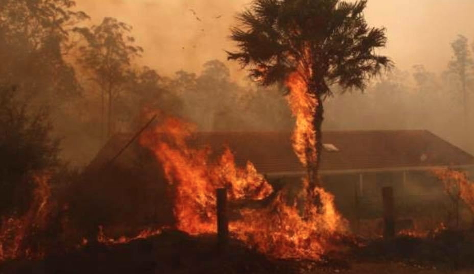 Pictured is a bushfire edging towards a home in NSW. 