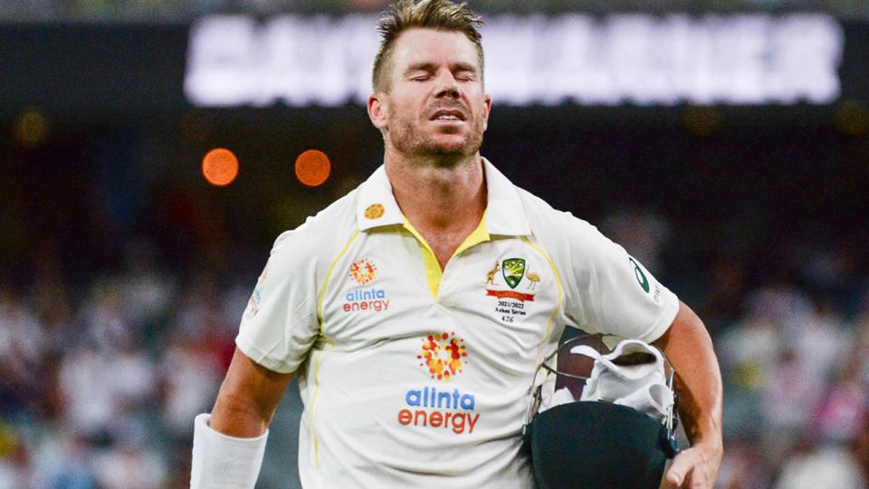 David Warner, pictured here walking off the field after narrowly missing a century again.